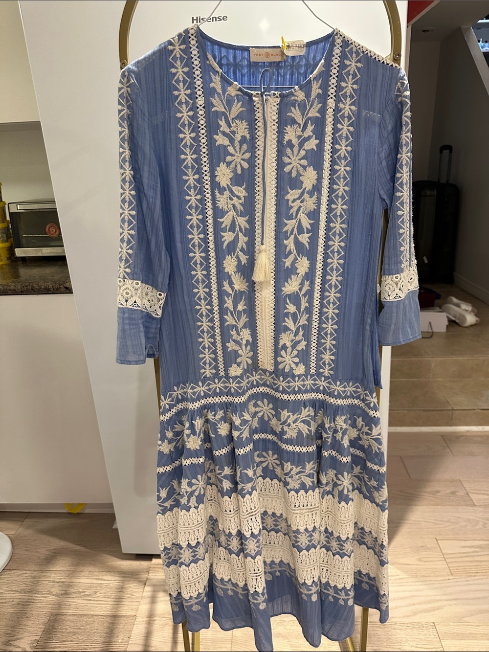 Tory Burch Blue Cotton Embroidered Midi Dress with White Lace